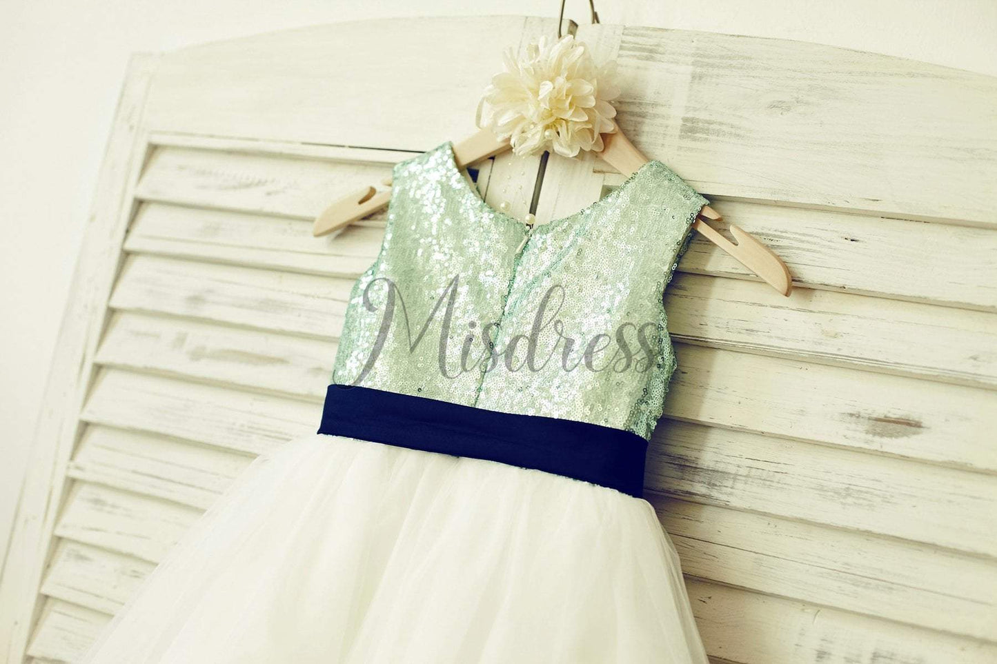 Mint Sequin Ivory Tulle Flower Girl Dress with navy blue sash - Flower Girl Dresses