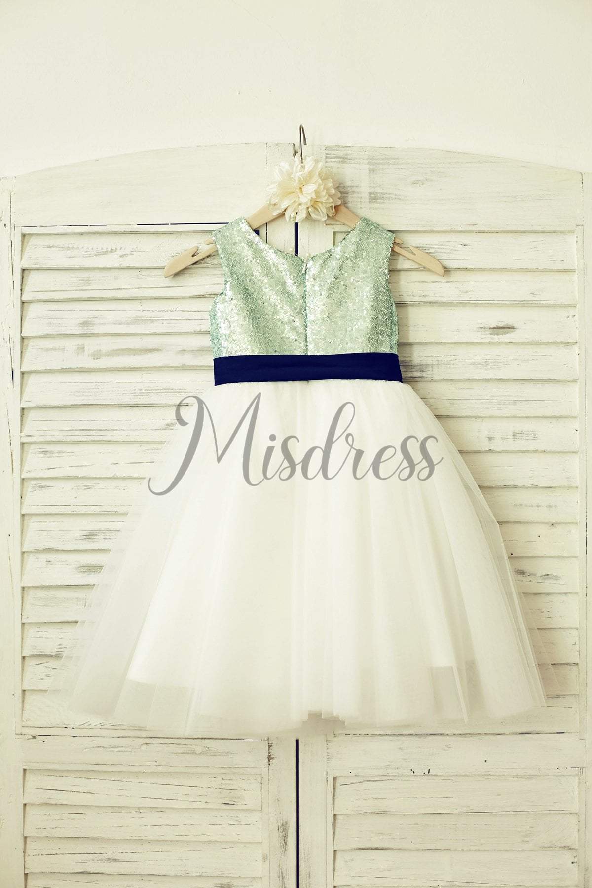 Mint Sequin Ivory Tulle Flower Girl Dress with navy blue sash - Flower Girl Dresses
