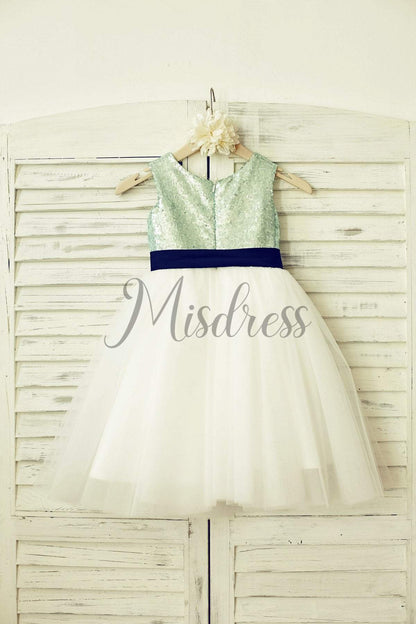 Mint Sequin Ivory Tulle Flower Girl Dress with navy blue sash - Flower Girl Dresses
