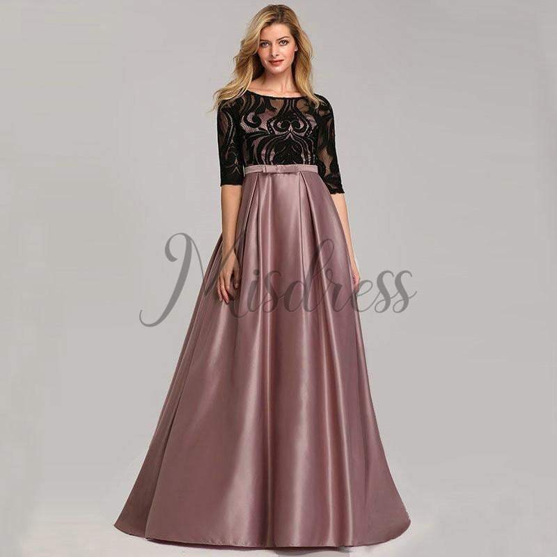 Modest Long Sleeves Lace Satin Evening Prom Dress - 2 / Mauve - Prom Dresses