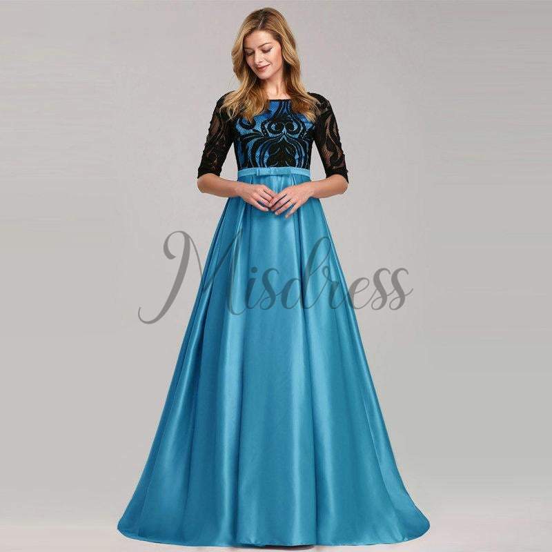 Modest Long Sleeves Lace Satin Evening Prom Dress - 2 / Blue - Prom Dresses