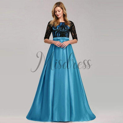Modest Long Sleeves Lace Satin Evening Prom Dress - 2 / Blue - Prom Dresses