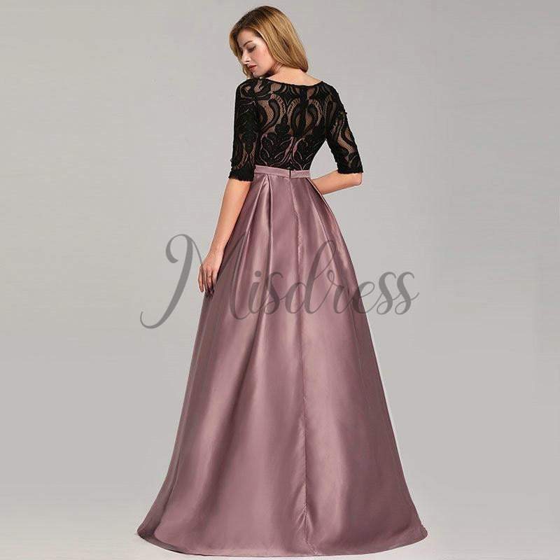 Modest Long Sleeves Lace Satin Evening Prom Dress - Prom Dresses