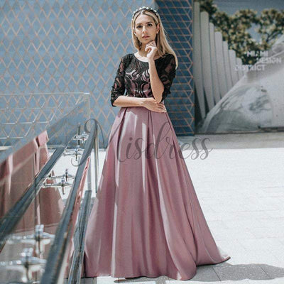Modest Long Sleeves Lace Satin Evening Prom Dress - Prom Dresses