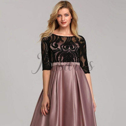Modest Long Sleeves Lace Satin Evening Prom Dress - Prom Dresses
