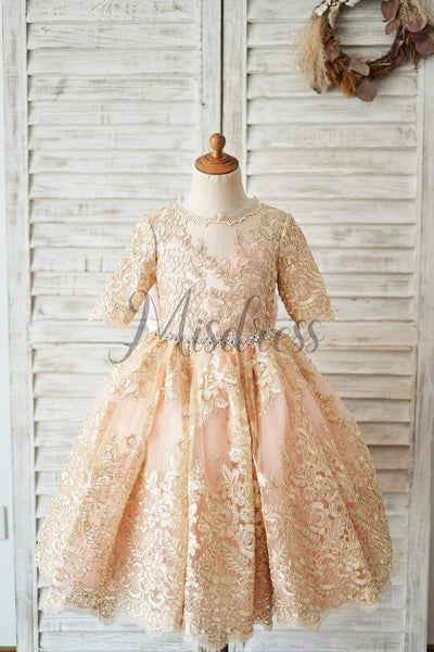 Gold Lace Pink Lining Short Sleeves V Back Wedding Flower Girl Dress - Flower Girl Dresses