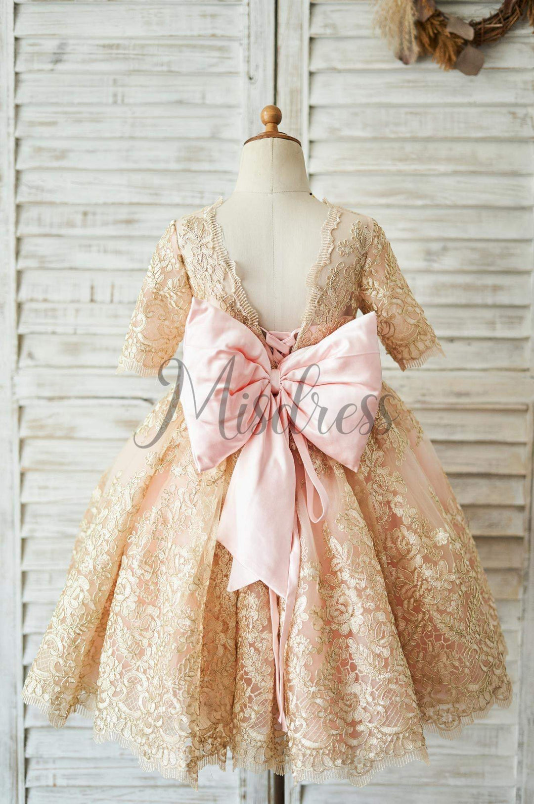Modest Gold Lace Pink Lining Short Sleeves V Back Wedding Flower Girl Misdress