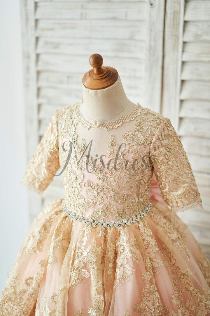 modest gold dress Modest Gold Lace Pink Lining Short Sleeves V Back Flower Girl Dress 3T