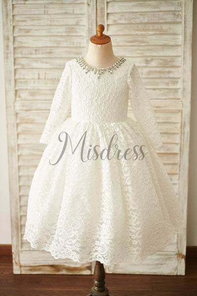 Ivory Lace Long Sleeves Wedding Flower Girl Dress With Beading Neck - Flower Girl Dresses