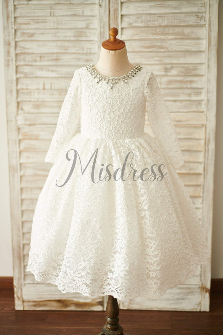 Ivory Lace Long Sleeves Wedding Flower Girl Dress With Beading Neck - Flower Girl Dresses