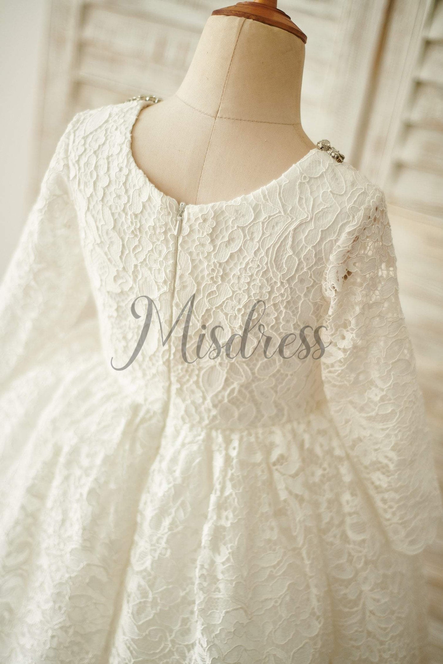 Ivory Lace Long Sleeves Wedding Flower Girl Dress With Beading Neck - Flower Girl Dresses