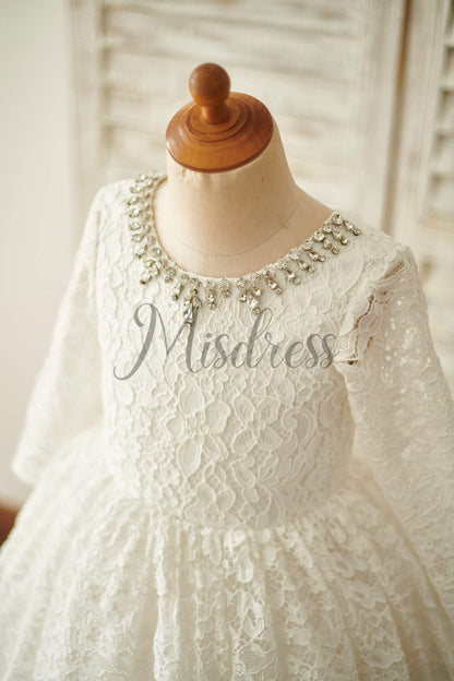 Ivory Lace Long Sleeves Wedding Flower Girl Dress With Beading Neck - Flower Girl Dresses