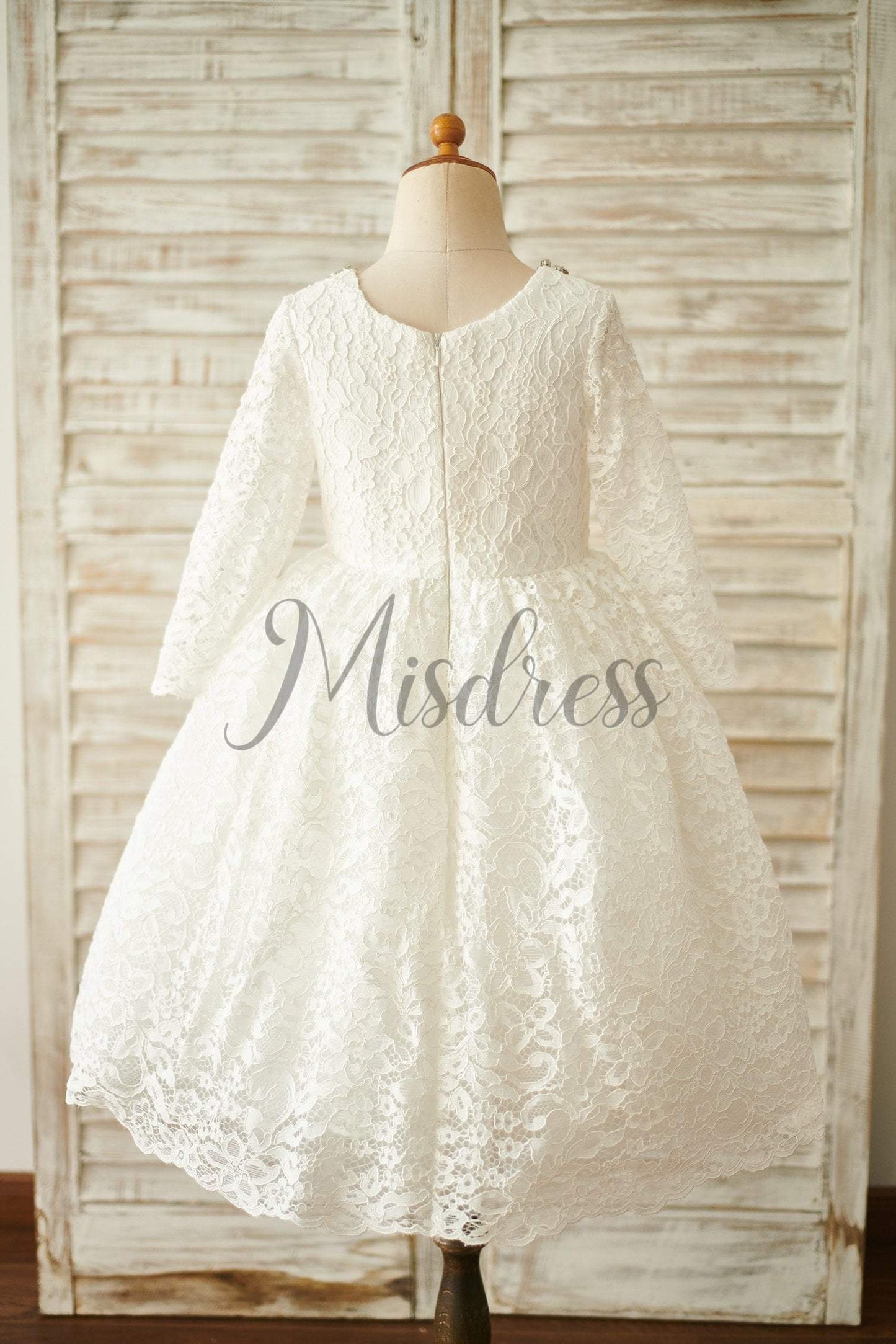 Ivory Lace Long Sleeves Wedding Flower Girl Dress With Beading Neck - Flower Girl Dresses