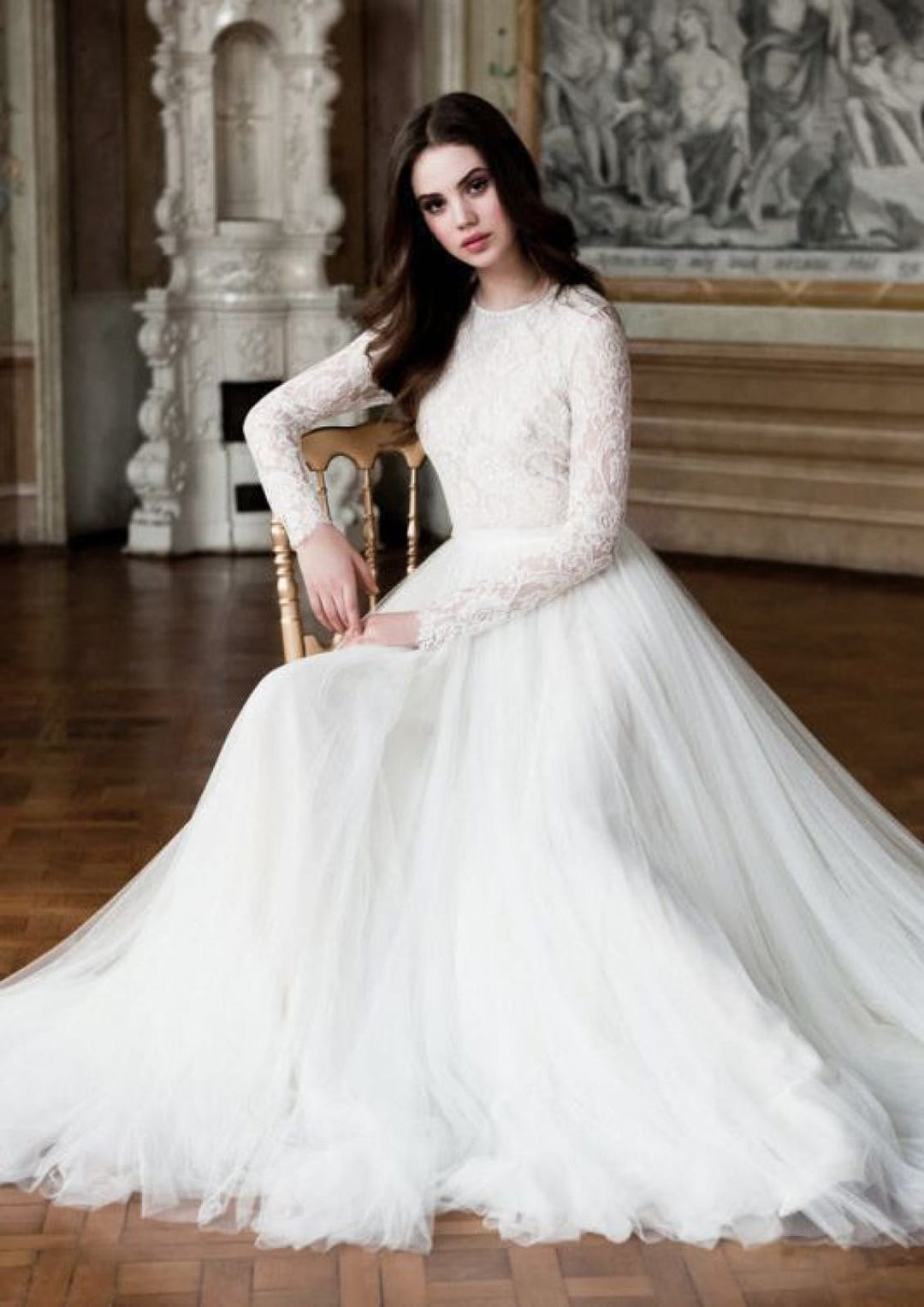 Modest Long Sleeve Lace Tulle A-line Princess Wedding Dress