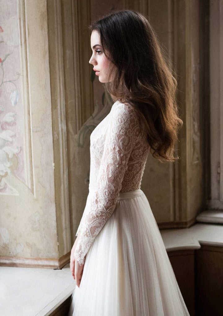 Wedding Dress With Cream Lace Dress Casual Modest Long Sleeve Lace Tulle A-Line Princess Wedding Dress, Pleats Wedding Dress With Cream Lace Dress Casual Modest Long Sleeve Lace Tulle A-Line Princess Wedding Dress, Pleats