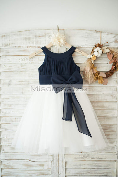 Navy Blue Chiffon Ivory Tulle Halter Neck Wedding Flower Girl Dress with Bow - Flower Girl Dresses