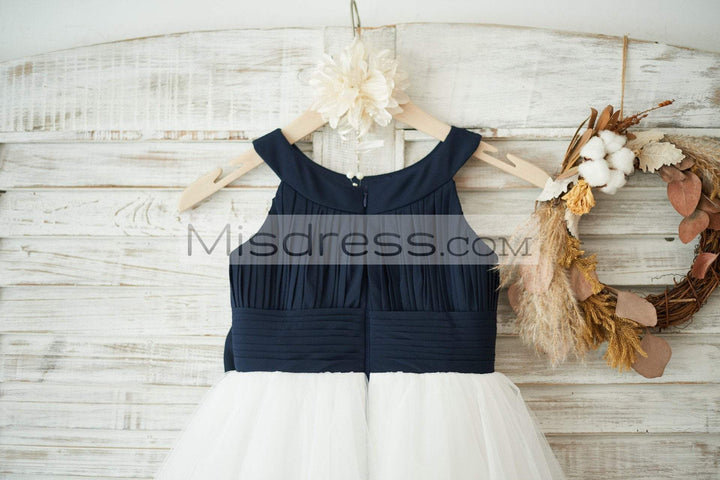 Navy Blue Chiffon Ivory Tulle Halter Neck Wedding Flower Girl Dress, Bow 7T --- Chest = 26 inches/ Waist = 25 inches/ Hollow to knee = 27 inches
