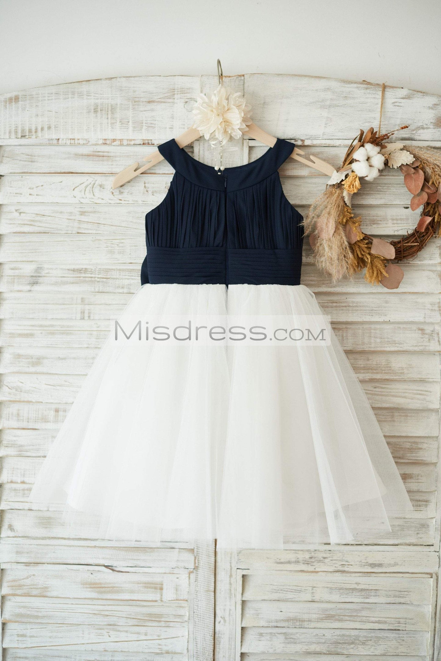 Navy Blue Chiffon Ivory Tulle Halter Neck Wedding Flower Girl Dress with Bow - Flower Girl Dresses