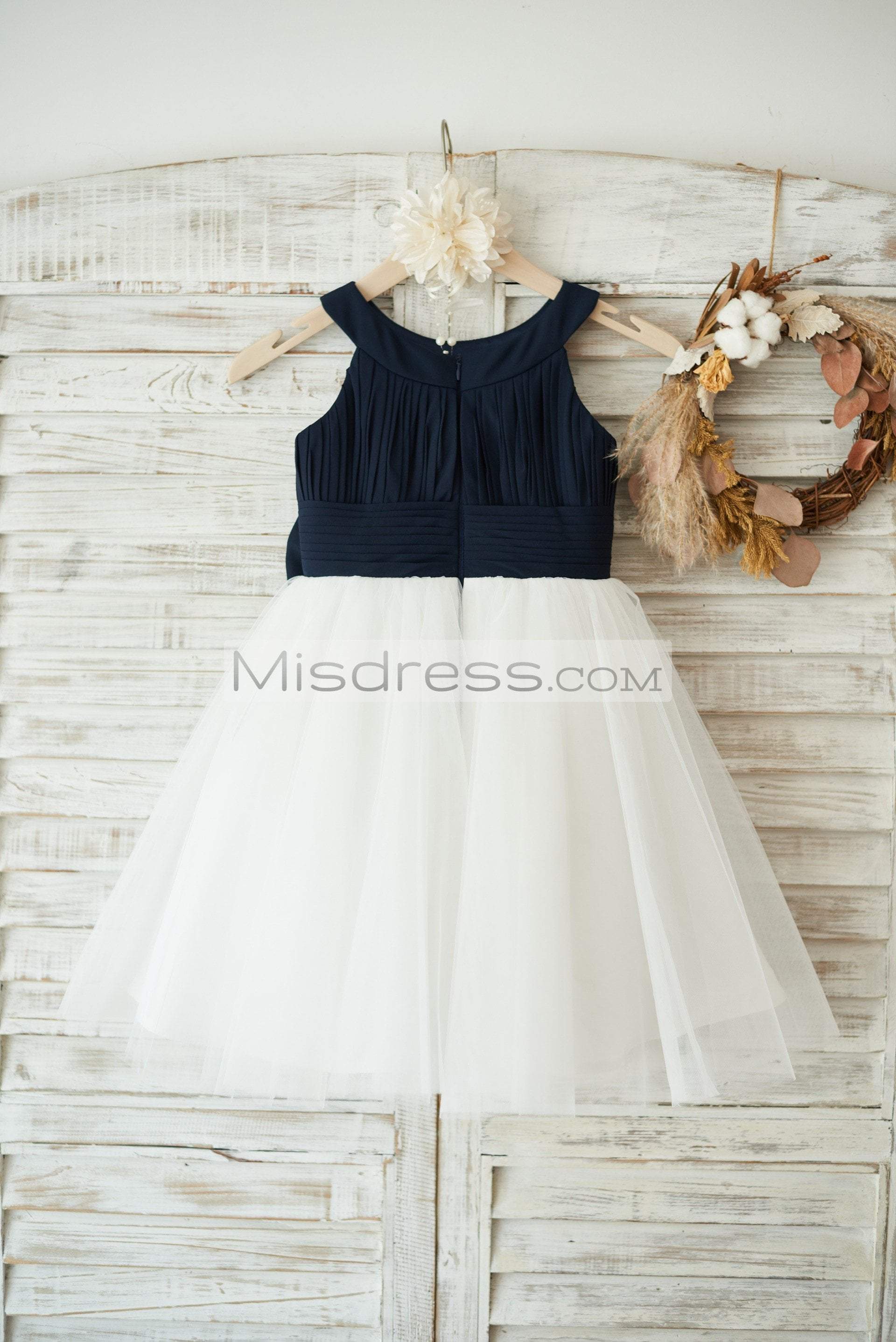 Navy Blue Chiffon Ivory Tulle Halter Neck Wedding Flower Girl Dress with Bow - Flower Girl Dresses