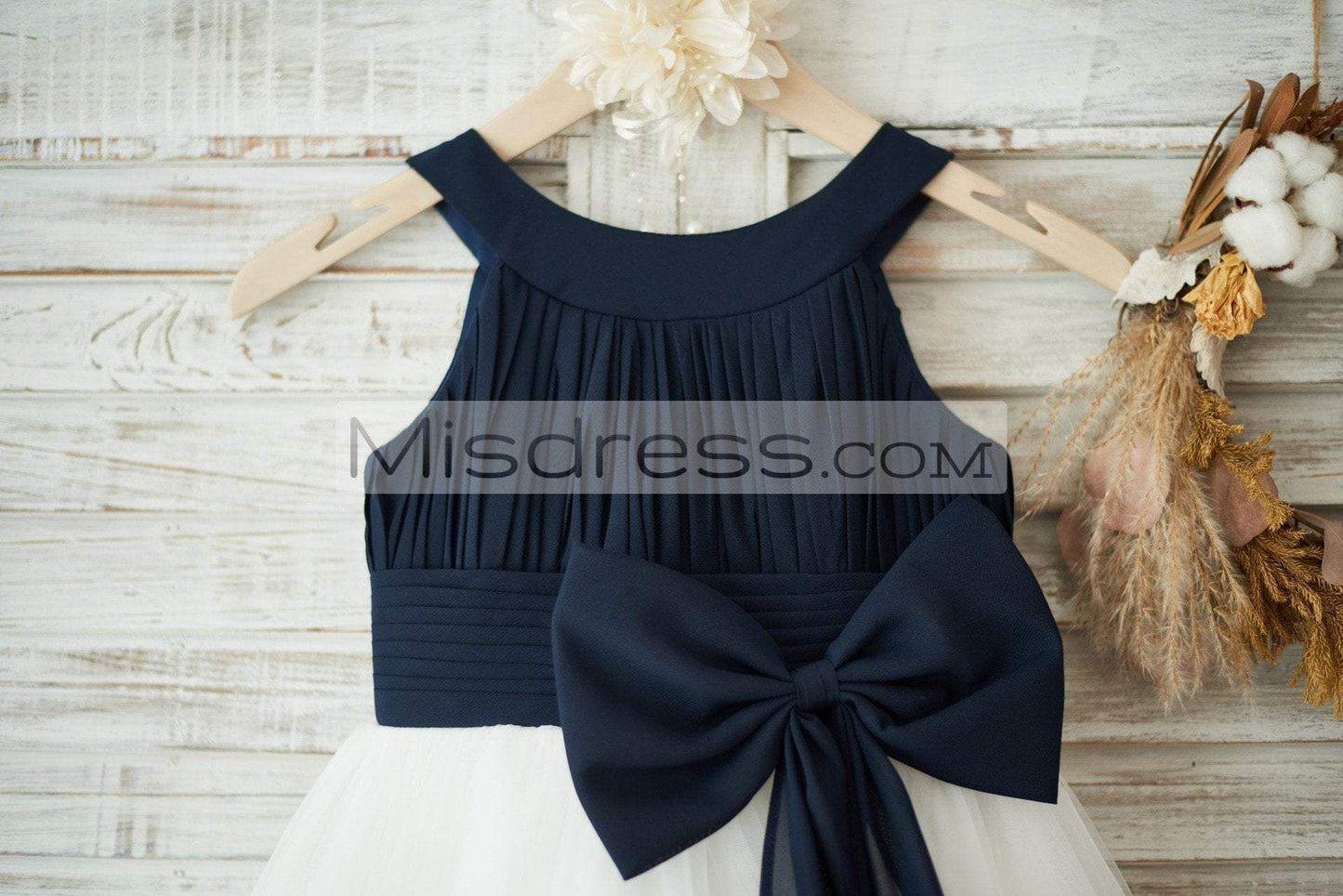 Navy Blue Chiffon Ivory Tulle Halter Neck Wedding Flower Girl Dress with Bow - Flower Girl Dresses