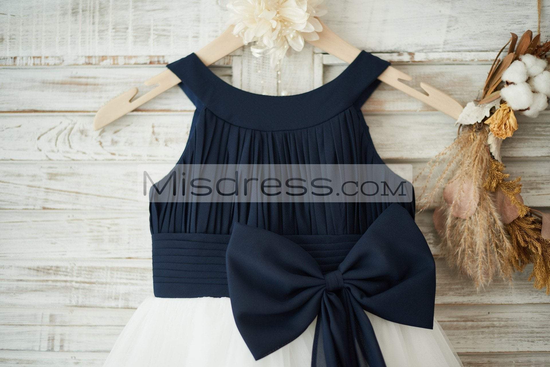 Navy Blue Chiffon Ivory Tulle Halter Neck Wedding Flower Girl Dress with Bow - Flower Girl Dresses