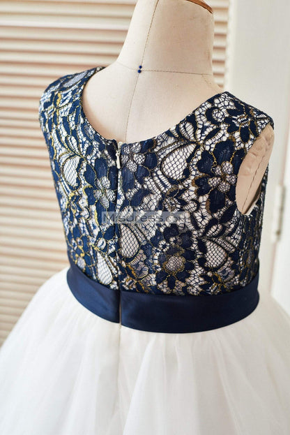 Navy Blue Gold Lace Ivory Tulle Wedding Flower Girl Dress - Flower Girl Dresses