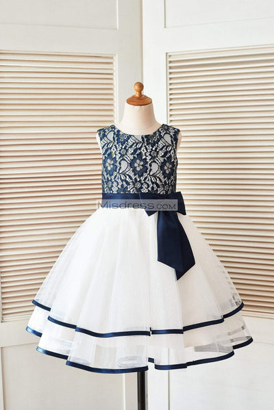 Navy Blue Gold Lace Ivory Tulle Wedding Flower Girl Dress - Flower Girl Dresses