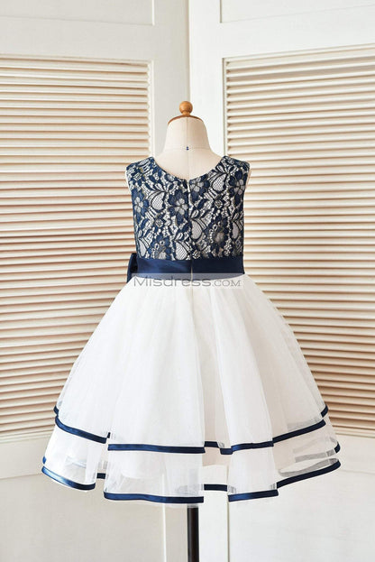 Navy Blue Gold Lace Ivory Tulle Wedding Flower Girl Dress - Flower Girl Dresses