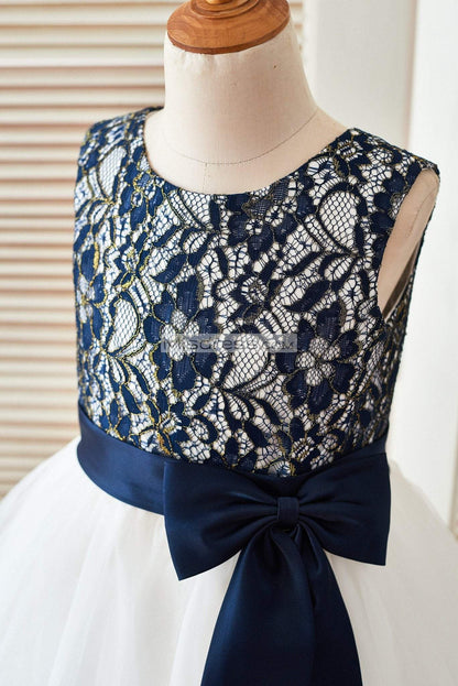 Navy Blue Gold Lace Ivory Tulle Wedding Flower Girl Dress - Flower Girl Dresses