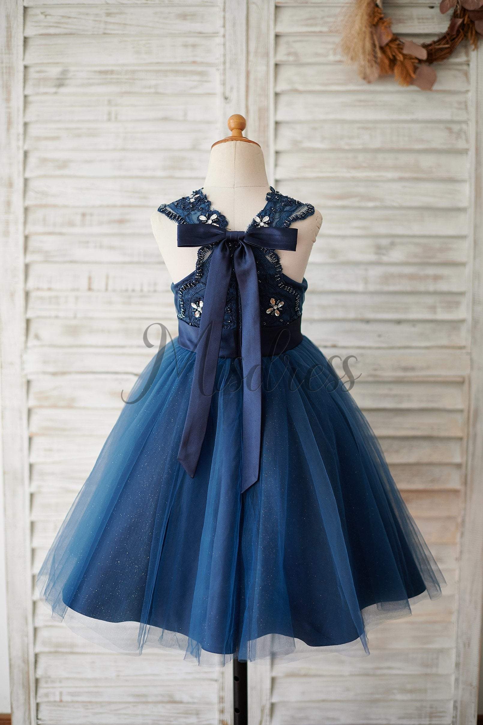 Navy Blue Lace Glitter Tulle Beaded Cross Back Wedding Flower Girl Dress - Flower Girl Dresses