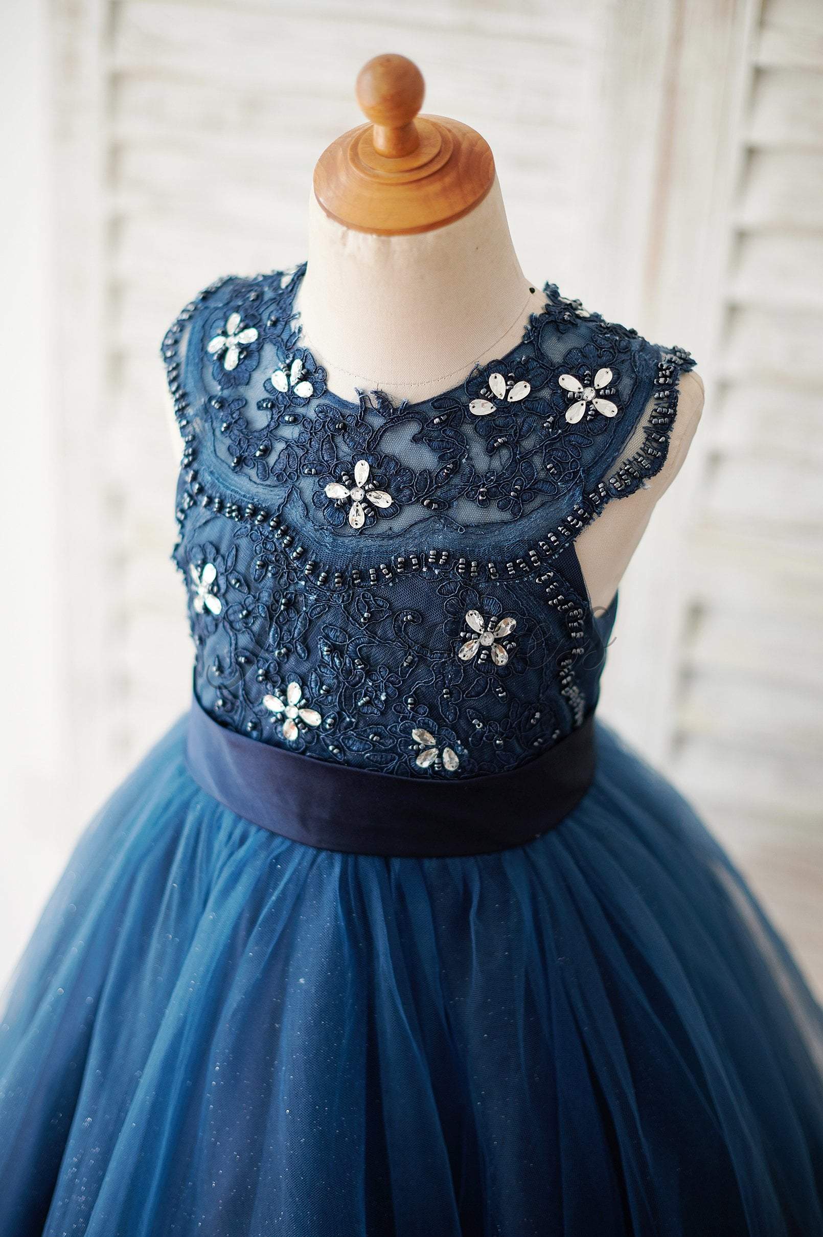 Navy Blue Lace Glitter Tulle Beaded Cross Back Wedding Flower Girl Dress - Flower Girl Dresses