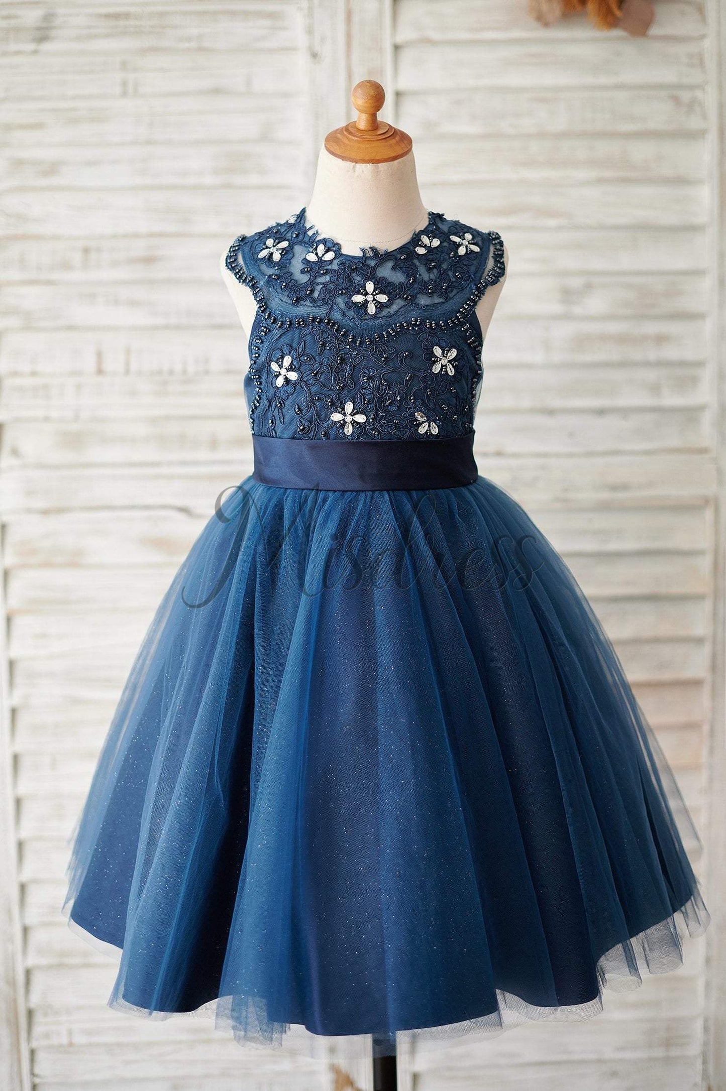 Navy Blue Lace Glitter Tulle Beaded Cross Back Wedding Flower Girl Dress - Flower Girl Dresses