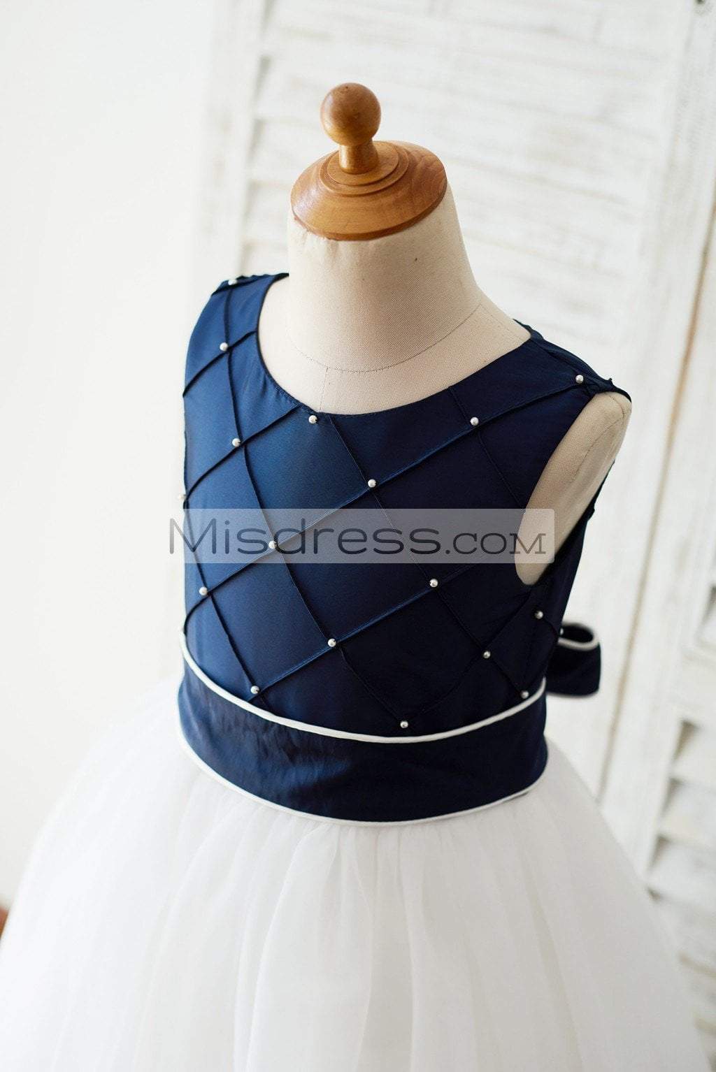 Navy Blue Taffeta Ivory Tulle Wedding Party Flower Girl Dress with Pearls - Flower Girl Dresses