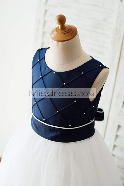 Navy Blue Taffeta Ivory Tulle Wedding Party Flower Girl Dress with Pearls - Flower Girl Dresses
