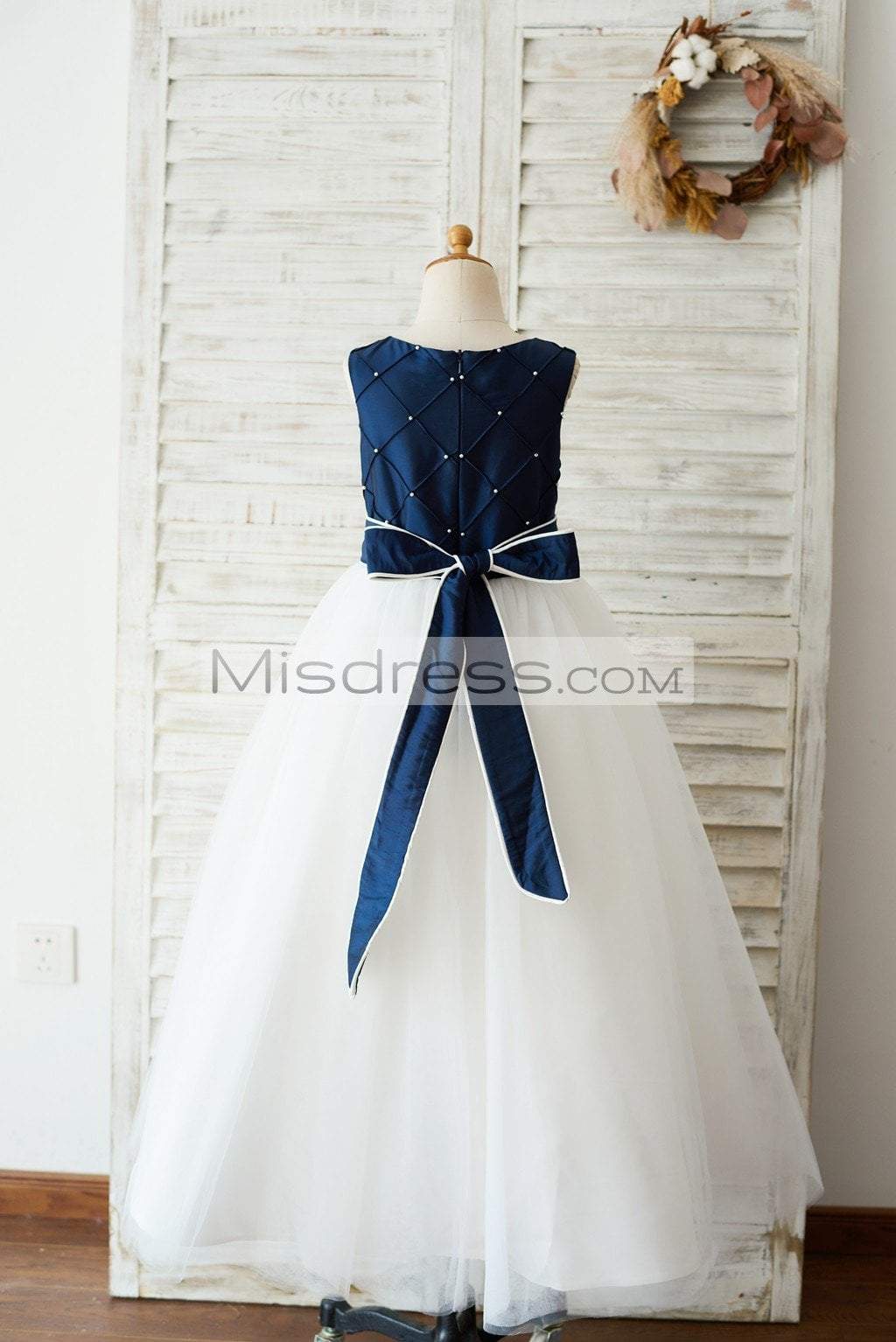 Navy Blue Taffeta Ivory Tulle Wedding Party Flower Girl Dress with Pearls - Flower Girl Dresses