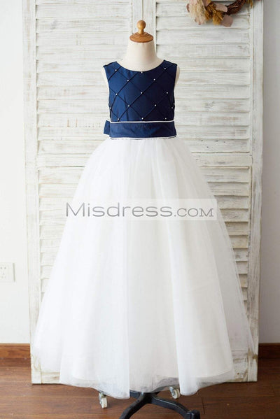 Navy Blue Taffeta Ivory Tulle Wedding Party Flower Girl Dress with Pearls - Flower Girl Dresses