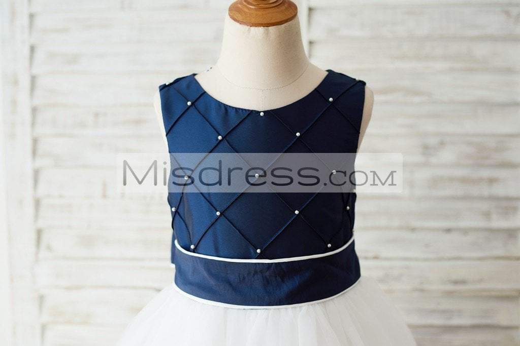 Navy Blue Taffeta Ivory Tulle Wedding Party Flower Girl Dress with Pearls - Flower Girl Dresses