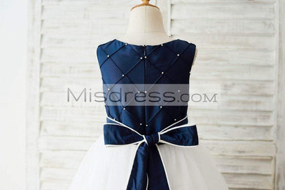 Navy Blue Taffeta Ivory Tulle Wedding Party Flower Girl Dress with Pearls - Flower Girl Dresses