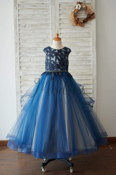 Navy Blue Tulle Organza V Back Wedding Flower Girl Dress with Beading - Flower Girl Dresses