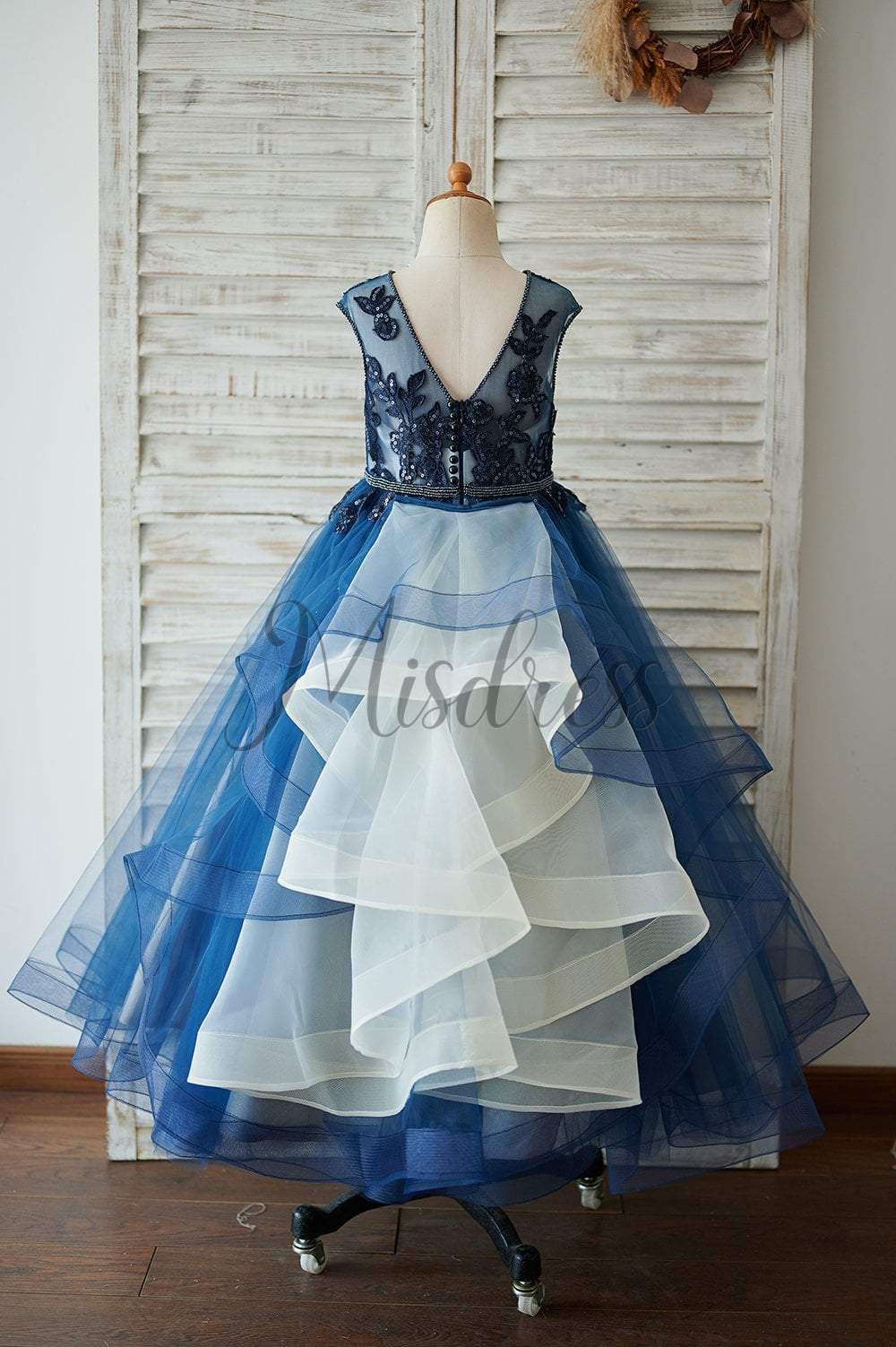 Navy Blue Tulle Organza V Back Wedding Flower Girl Dress Pageant Dress, Beading 6T --- Chest = 25 inches/ Waist = 24 inches/ Hollow to floor = 41
