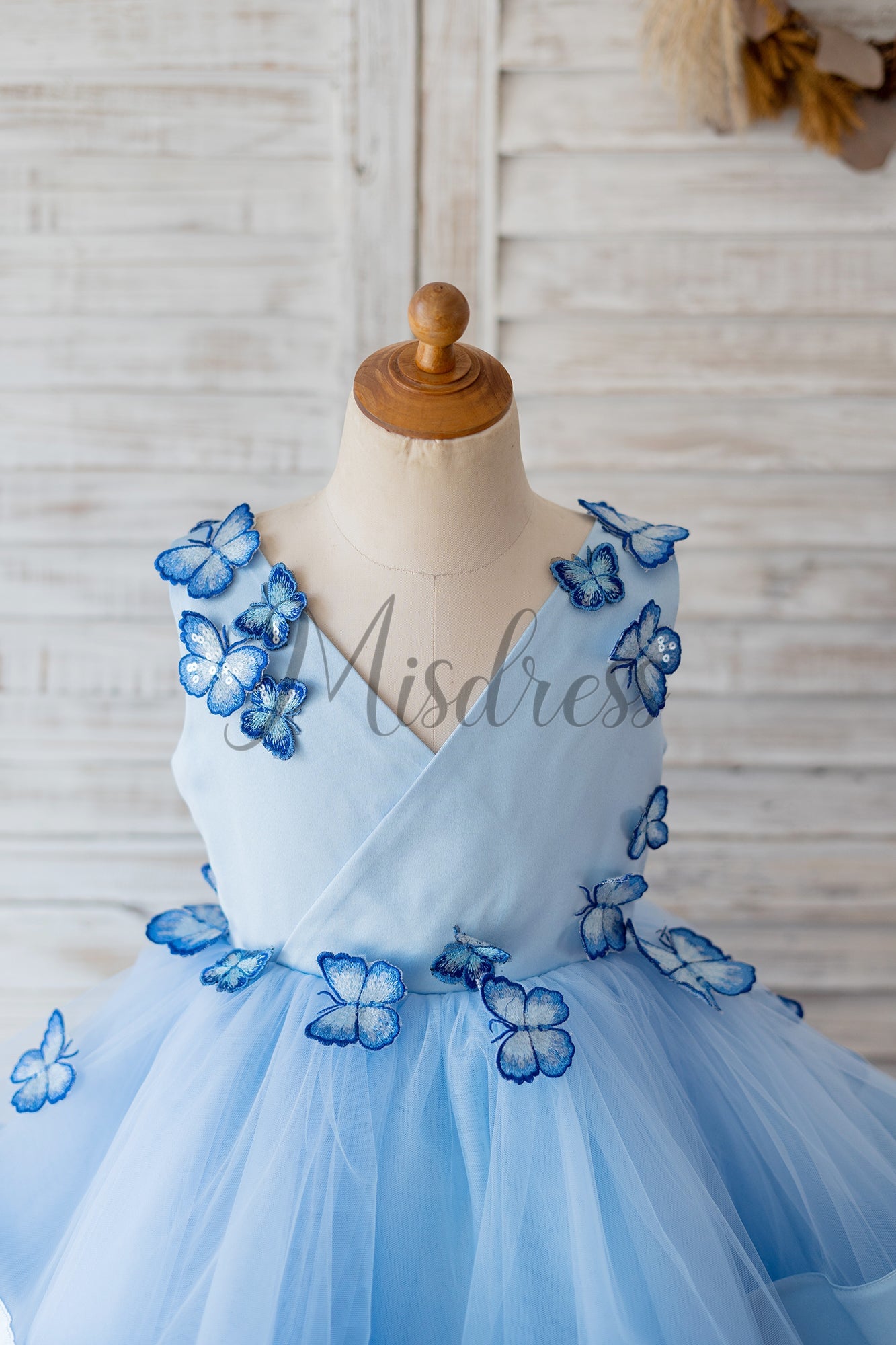 V Neck Blue Satin Butterfly Wedding Flower Girl Dress Horsehair Hem