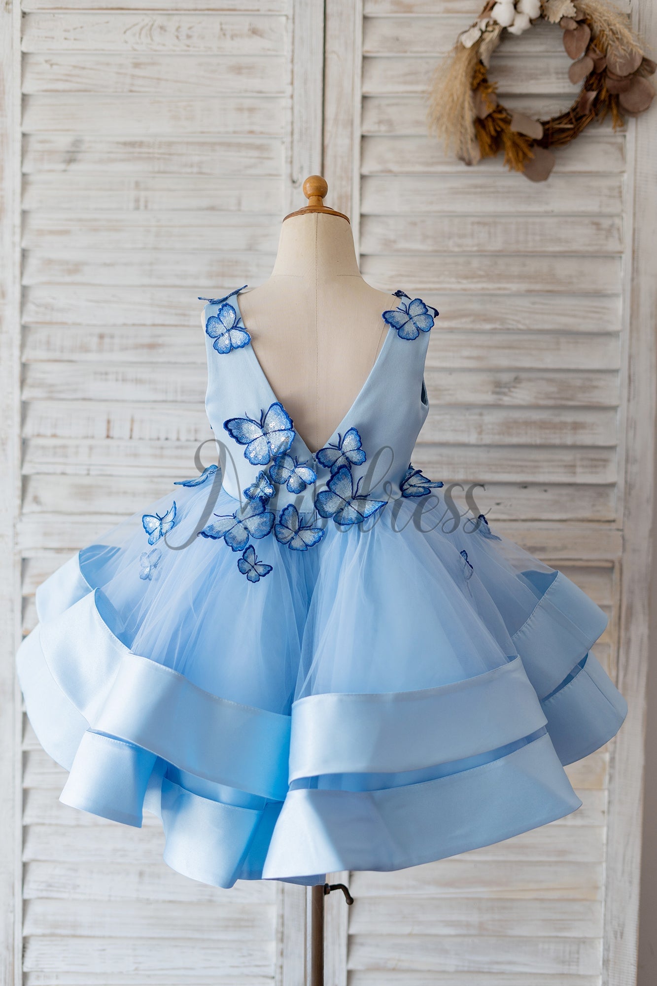 V Neck Blue Satin Butterfly Wedding Flower Girl Dress Horsehair Hem