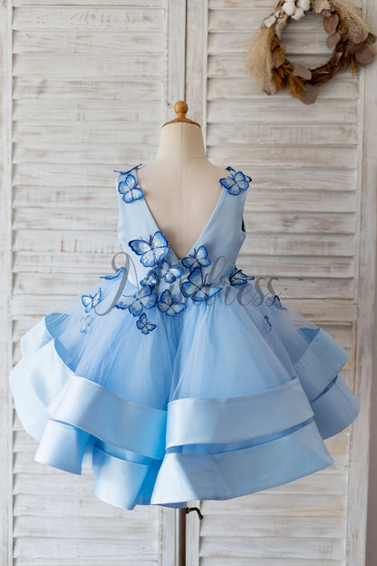 V Neck Blue Satin Butterfly Wedding Flower Girl Dress Horsehair Hem