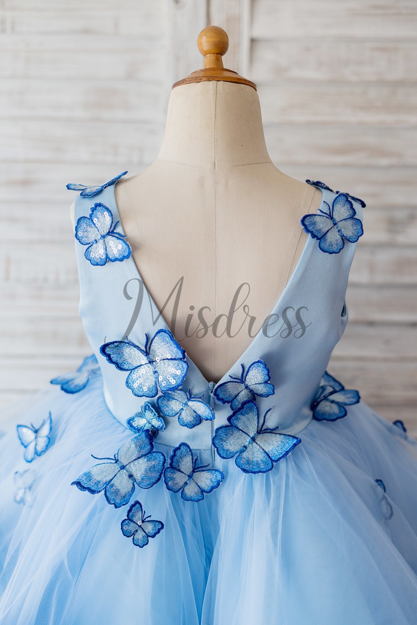 V Neck Blue Satin Butterfly Wedding Flower Girl Dress Horsehair Hem