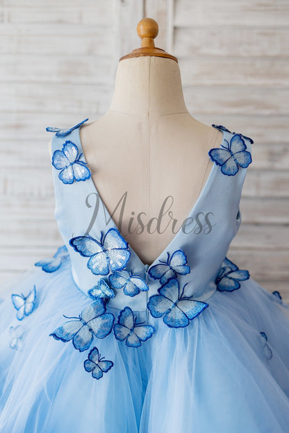 V Neck Blue Satin Butterfly Wedding Flower Girl Dress Horsehair Hem