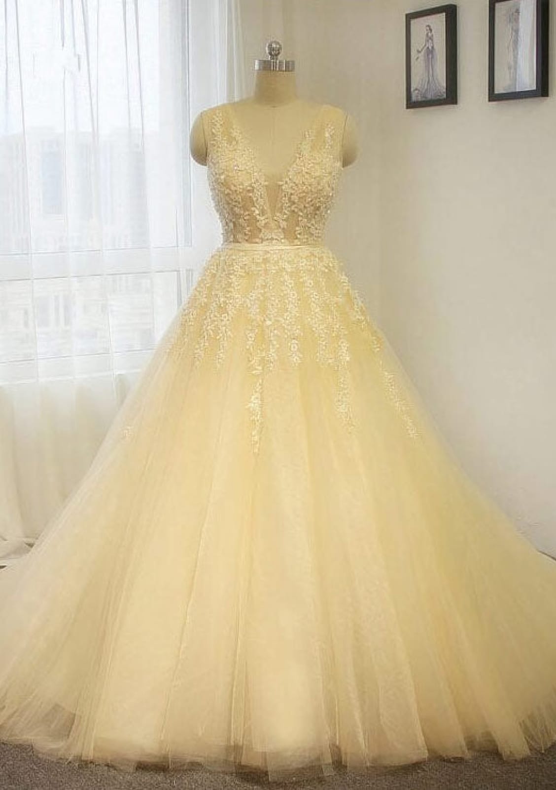 V-Neck Chapel Train A-Line Champagne Tulle Wedding Dress - 
