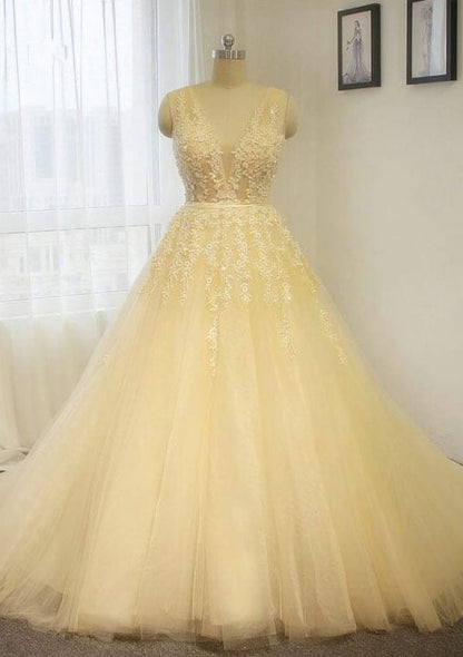 V-Neck Chapel Train A-Line Champagne Tulle Wedding Dress - 