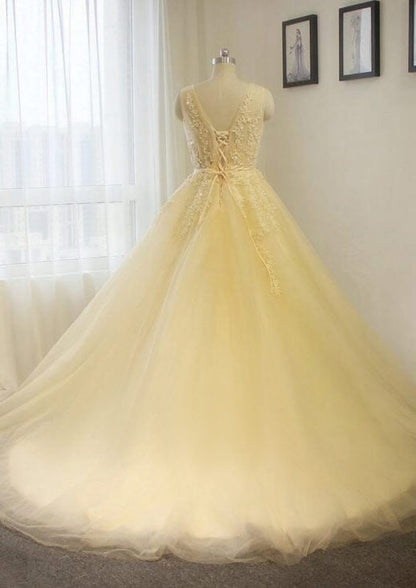 V-Neck Chapel Train A-Line Champagne Tulle Wedding Dress - 