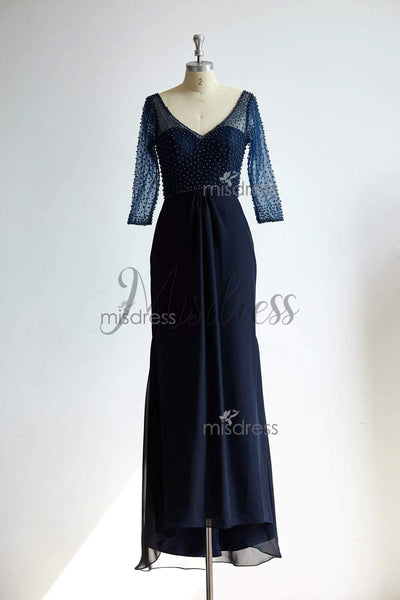 V Neck Elbow Length Sleeves Navy Blue Beaded Chiffon Tulle Wedding Mother Dress - Mother of Bride Dresses