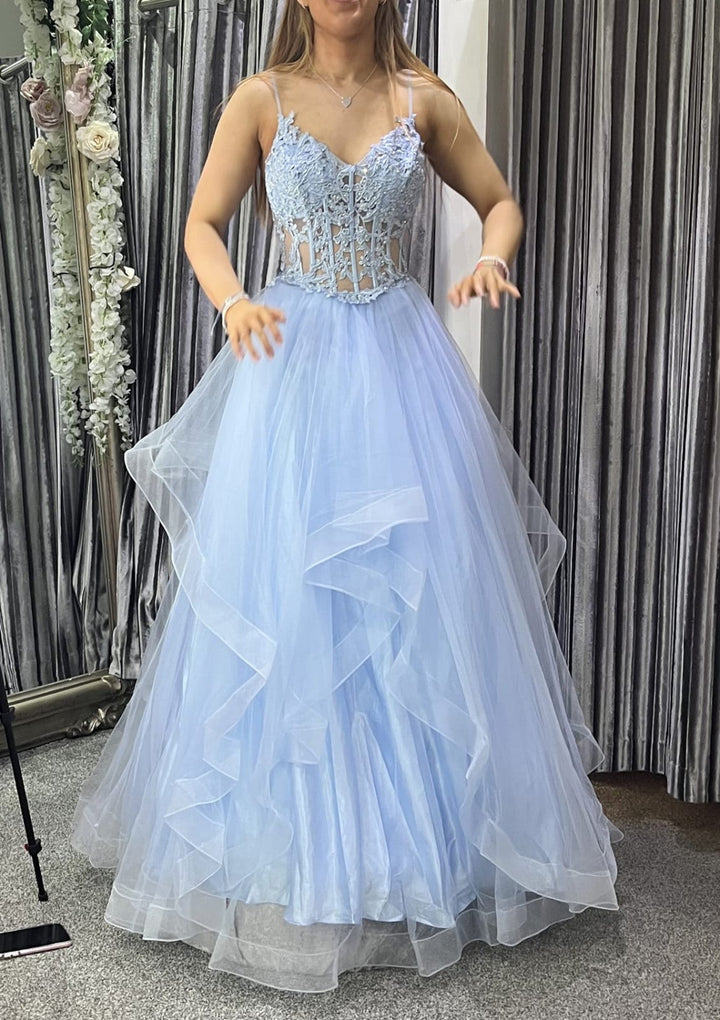V Neck Lace Corset Horsehair Sky Blue Tulle Prom Dress Evening Gown | Misdress V Neck Lace Corset Horsehair Sky Blue Tulle Prom Dress Evening Gown | Misdress